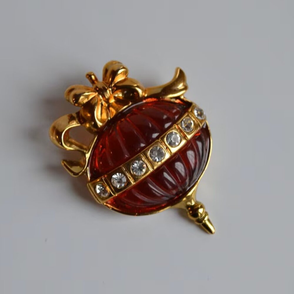 Vintage Anne Klein Gripoix Style Lucite Rhinestone Amber Christmas Brooch Pin